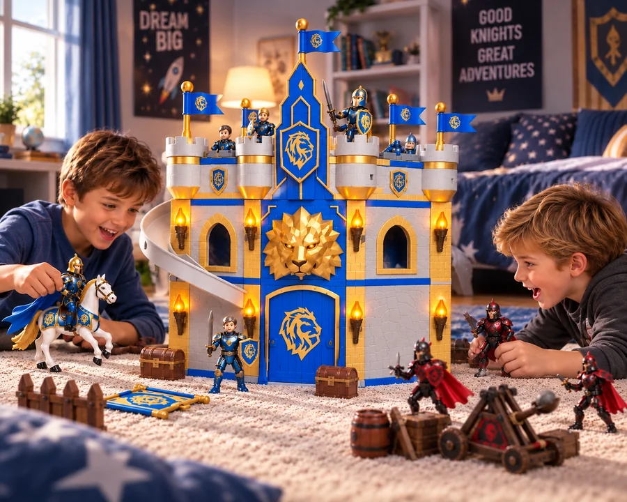 Children playing with a large SnapScenes Ironhold Castle build