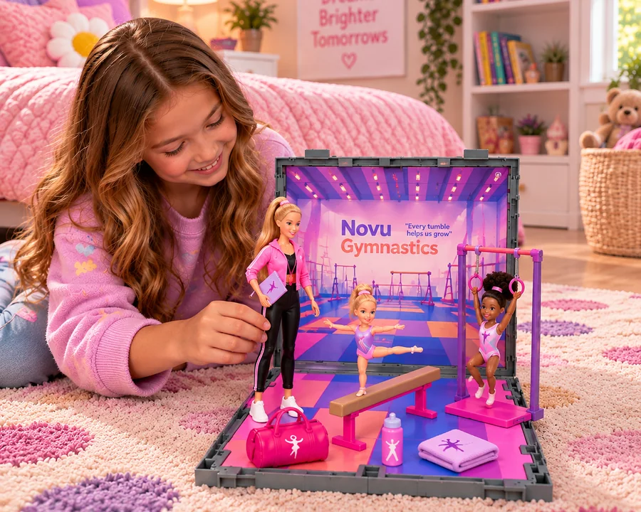 Children playing with a small SnapScenes gymnastics scene