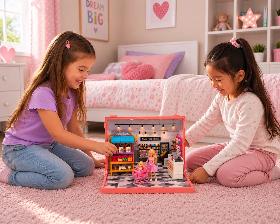 A child playing with a small SnapScenes shopping scene