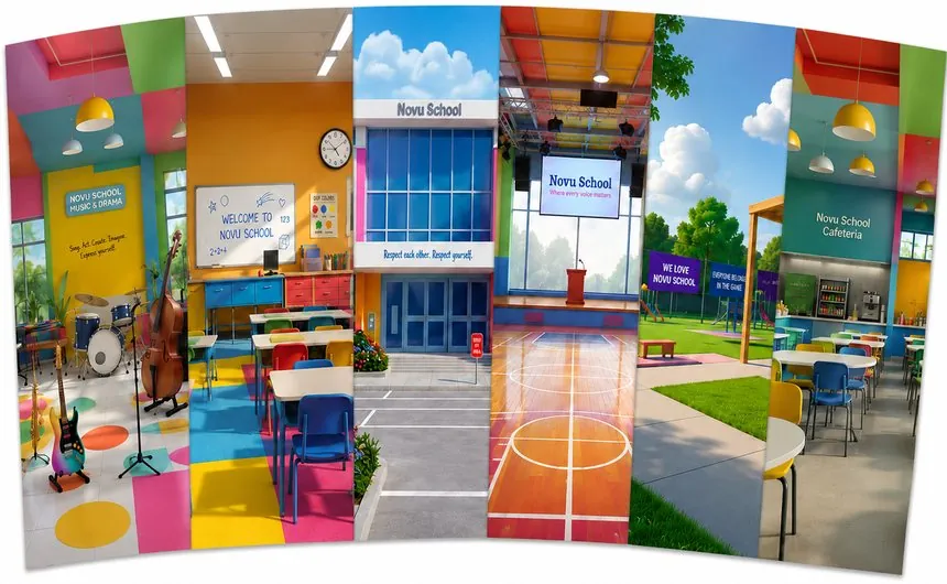 School scene panels: classroom, school building and playground
